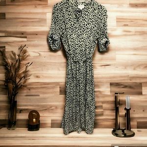 Everly Green Leopard Print MIDI Dress | Belted Button Up |Size Large